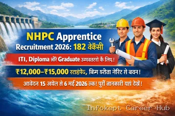 NHPC अप्रेंटिस भर्ती 2026: 182 पदों पर भर्ती | ITI, Diploma, Graduate Apply Online, ₹15,000 स्टाइपेंड, बिना परीक्षा चयन